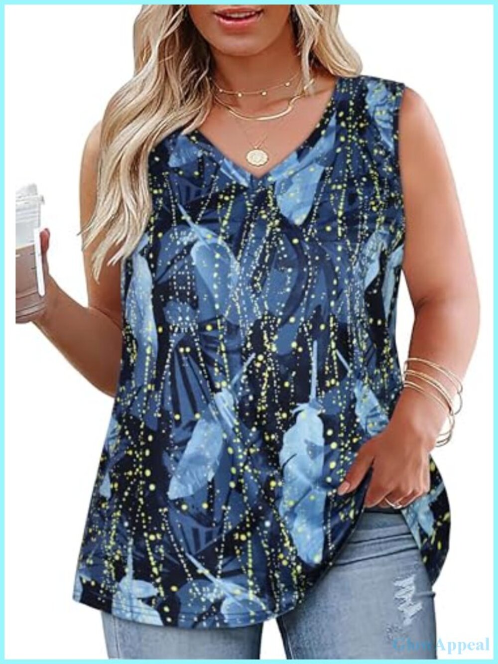 Plus Size Women's V-Neck Sleeveless Cotton Blend Tank Top, Loose Fit Summer